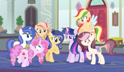 Size: 1280x747 | Tagged: safe, artist:auroranovasentry, imported from derpibooru, oc, oc:apple heaven, oc:aurora nova, oc:cookie charm, oc:empathy jewel, oc:roselia, oc:zap cloud, hybrid, pegasus, pony, unicorn, female, interspecies offspring, magical lesbian spawn, mare, offspring, parent:applejack, parent:discord, parent:fancypants, parent:flash sentry, parent:fluttershy, parent:pinkie pie, parent:pokey pierce, parent:rainbow dash, parent:rarity, parent:twilight sparkle, parents:appledash, parents:discoshy, parents:flashlight, parents:pokeypie, parents:raripants