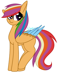 Size: 1024x1274 | Tagged: safe, artist:marbleflowers, imported from derpibooru, rainbow dash, scootaloo, oc, oc:scootadash, pegasus, pony, colored wings, female, fusion, multicolored hair, multicolored tail, orange fur, purple eyes, signature, simple background, smiling, solo, tail, transparent background, wings