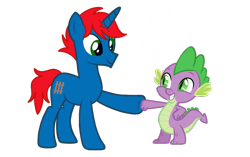 Size: 1098x691 | Tagged: safe, artist:gallantserver, artist:ry-bluepony1, imported from derpibooru, spike, oc, oc:train track, dragon, pony, unicorn, base used, claw, fist bump, hair, horn, mane, raised hoof, show accurate, simple background, tail, transparent background