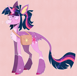 Size: 2118x2084 | Tagged: safe, artist:wanderingpegasus, imported from derpibooru, twilight sparkle, classical unicorn, pony, unicorn, alternate design, alternate hairstyle, bag, beady eyes, beige background, body markings, chest fluff, cloven hooves, coat markings, colored hooves, colored pinnae, cute, eyebrows, eyebrows visible through hair, facial markings, female, freckles, full body, glasses, heart mark, leonine tail, mare, markings, pale belly, ponytail, redesign, saddle bag, simple background, snip (coat marking), solo, standing, star (coat marking), sweat, sweatdrop, twiabetes, unicorn twilight, unshorn fetlocks