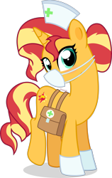 Size: 4000x6315 | Tagged: safe, artist:n0kkun, imported from derpibooru, sunset shimmer, pony, unicorn, equestria girls, alternate hairstyle, bag, blushing, clothes, cute, female, gloves, hat, mare, mask, nurse, nurse hat, nurse outfit, saddle bag, shimmerbetes, simple background, solo, surgical mask, transparent background, vector