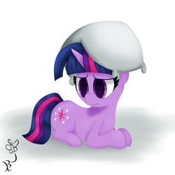 Size: 3200x3200 | Tagged: safe, artist:daftramms, imported from derpibooru, twilight sparkle, pony, unicorn, cute, g4, lying down, no catchlights, pillow, prone, simple background, solo, twiabetes, unicorn twilight, upset, white background
