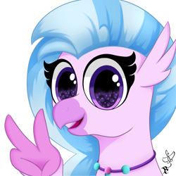 Size: 2000x2000 | Tagged: safe, artist:daftramms, imported from derpibooru, silverstream, hippogriff, cute, diastreamies, female, g4, jewelry, looking at you, necklace, open mouth, peace sign, simple background, solo