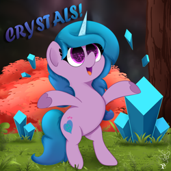 Size: 2000x2000 | Tagged: safe, artist:daftramms, imported from derpibooru, izzy moonbow, pony, unicorn, spoiler:g5, spoiler:my little pony: a new generation, bipedal, crystal, cute, detailed background, female, g5, high res, mare, my little pony: a new generation, scene interpretation, solo