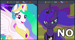 Size: 508x274 | Tagged: safe, imported from derpibooru, princess celestia, princess luna, alicorn, pony, derpibooru, a royal problem, celestial advice, jewelry, juxtaposition, meta, no, regalia, scowl, text