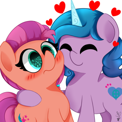 Size: 2000x2000 | Tagged: safe, artist:daftramms, imported from derpibooru, izzy moonbow, sunny starscout, earth pony, pony, unicorn, blushing, cheek squish, cheek to cheek, cute, duo, female, g5, heart, hug, izzyscout, lesbian, love, shipping, squishy cheeks