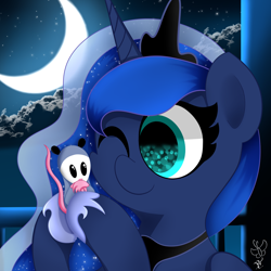 Size: 2000x2000 | Tagged: safe, artist:daftramms, imported from derpibooru, princess luna, tiberius, alicorn, pony, cute, female, g4, mare, mascot, moon, night, solo