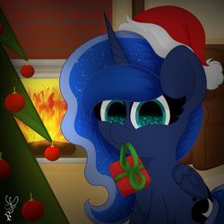 Size: 2000x2000 | Tagged: safe, artist:daftramms, imported from derpibooru, princess luna, alicorn, pony, christmas, christmas tree, couch, cute, fire, fireplace, g4, hat, holiday, present, santa hat, solo, tree