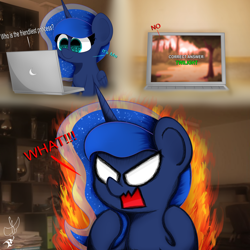 Size: 2000x2000 | Tagged: safe, artist:daftramms, imported from derpibooru, princess luna, alicorn, pony, angry, computer, cute, g4, laptop computer, meme, solo