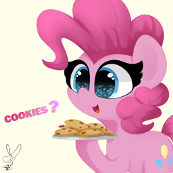 Size: 2000x2000 | Tagged: safe, artist:daftramms, imported from derpibooru, pinkie pie, earth pony, pony, cookie, cute, diapinkes, food, solo