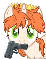 Size: 470x605 | Tagged: safe, artist:etoz, imported from derpibooru, oc, oc only, oc:etoz, pony, unicorn, base used, crown, fangs, female, gun, horn, jewelry, looking at you, mare, regalia, simple background, solo, transparent background, unicorn oc, weapon