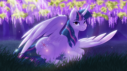 Size: 3840x2160 | Tagged: safe, artist:bluefeathercat, imported from derpibooru, twilight sparkle, alicorn, pony, backwards cutie mark, butt, crepuscular rays, curved horn, female, grass, horn, looking at you, mare, plot, solo, twibutt, twilight sparkle (alicorn), unshorn fetlocks