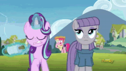 Size: 1920x1080 | Tagged: safe, artist:dwk, edit, edited screencap, imported from derpibooru, screencap, derpy hooves, maud pie, pinkie pie, starlight glimmer, pegasus, pony, unicorn, totally legit recap, lesson zero, rock solid friendship, abuse, animated, atomic rainboom, bust, derpybuse, discovery family, discovery family logo, explosion, female, food, kite, kite flying, logo, mare, pizza, webm