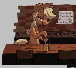 Size: 366x330 | Tagged: safe, applejack, earth pony, pony, aggie.io, apple, bar, chair, drink, female, food, hat, implied anon, lowres, mare, mug, open mouth, simple background, smiling, talking to viewer