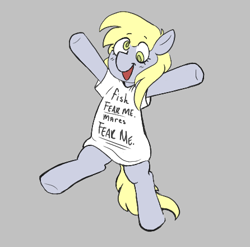 Size: 446x440 | Tagged: safe, derpy hooves, pony, aggie.io, clothes, female, mare, open mouth, raised arms, shirt, simple background, smiling