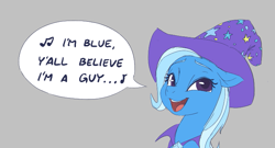 Size: 721x389 | Tagged: safe, trixie, pony, unicorn, aggie.io, eiffel 65, female, hat, mare, open mouth, simple background, singing, smiling, speech bubble
