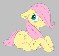 Size: 647x612 | Tagged: safe, fluttershy, pegasus, pony, aggie.io, female, filly, frown, lying down, simple background, younger