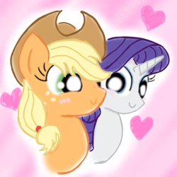 Size: 2048x2048 | Tagged: safe, artist:tiga mega, imported from derpibooru, applejack, rarity, earth pony, pony, unicorn, applejack's hat, bust, cowboy hat, female, hat, heart, horn, lesbian, mare, rarijack, shipping, smiling