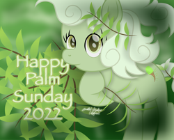 Size: 4688x3767 | Tagged: safe, artist:lincolnbrewsterfan, imported from derpibooru, oc, oc:palm sundae, earth pony, pony, my little pony: the movie, .svg available, bible, branches, christianity, colored pupils, cute, cute face, cute smile, earth pony oc, female, food, gradient background, green, green eyes, holding, hoof hold, ice cream, looking at you, mare, movie accurate, name pun, nc-tv signature, palm, palm sunday, palm tree, signature, simple background, smiling, smiling at you, solo, svg, tree, tree branch, vector