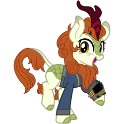 Size: 3200x3200 | Tagged: safe, artist:ponygamer2020, imported from derpibooru, autumn blaze, kirin, fallout equestria, sounds of silence, awwtumn blaze, clothes, cute, daaaaaaaaaaaw, fallout, female, happy, jumpsuit, kirin day, kirinbetes, looking at you, mare, pipboy, raised hoof, simple background, smiling, smirk, solo, transparent background, vault suit, vector