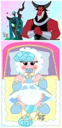 Size: 992x2048 | Tagged: safe, artist:mommymidday, imported from derpibooru, cozy glow, lord tirek, queen chrysalis, changeling, changeling queen, pegasus, pony, abdl, angry, blushing, bonnet, booties, bow, commission, cozybetes, cute, diaper, diaper fetish, female, fetish, filly, foal, hair bow, heart, heart eyes, humiliation, hypno eyes, hypnosis, hypnotized, lying down, mittens, non-baby in diaper, on back, pacifier, poofy diaper, ribbon, ruffles, show accurate, sissy, sissyfication, spell gone wrong, stroller, swirly eyes, wingding eyes