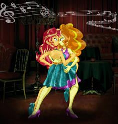 Size: 2196x2320 | Tagged: safe, artist:ponymaan, imported from derpibooru, adagio dazzle, sunset shimmer, equestria girls, backless, bare shoulders, clothes, dancing, dress, duo, female, high heels, lesbian, music notes, shipping, shoes, sleeveless, sunsagio, tango