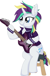 Size: 5499x8310 | Tagged: safe, artist:cyanlightning, imported from derpibooru, rarity, pony, unicorn, .svg available, absurd resolution, alternate hairstyle, chest fluff, clothes, ear fluff, electric guitar, female, guitar, mare, musical instrument, punk, raripunk, simple background, sitting, solo, transparent background, vector