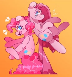 Size: 3362x3619 | Tagged: safe, artist:cocopudu, imported from derpibooru, pinkie pie, earth pony, pony, duality, duo, emanata, female, gradient background, mare, open mouth, open smile, pinkamena diane pie, self paradox, self ponidox, smiling, teary eyes, white pupils