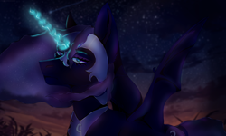 Size: 2500x1500 | Tagged: safe, artist:cyberpriduroksiriuis, imported from derpibooru, nightmare moon, alicorn, pony, bat wings, cloud, ethereal mane, female, glowing, glowing horn, horn, lidded eyes, looking at you, mare, sky, solo, stars, twilight (astronomy), windswept mane, wings