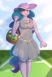 Size: 1701x2512 | Tagged: safe, artist:nanazdina, imported from derpibooru, izzy moonbow, anthro, unicorn, :p, ball, blushing, clothes, cute, field, g5, ibispaint x, izzy's tennis ball, izzybetes, looking at you, my little pony: a new generation, skirt, solo, tennis ball, tongue out