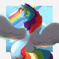 Size: 1080x1080 | Tagged: safe, artist:thundersnivy, imported from derpibooru, rainbow dash, alicorn, pony, alicornified, cloud, female, from behind, looking at you, looking back, looking back at you, mare, race swap, rainbow, rainbowcorn, signature, sky, smiling, solo, spread wings, wings
