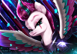 Size: 1997x1403 | Tagged: safe, artist:darksly, imported from derpibooru, tempest shadow, zipp storm, pegasus, pony, alternate hairstyle, alternate universe, armor, colored wings, eye scar, female, frown, g5, looking at you, mare, multicolored wings, scar, signature, solo, spread wings, wings