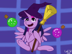 Size: 1999x1511 | Tagged: safe, artist:lefi32, imported from derpibooru, twilight sparkle, alicorn, pony, broom, checkered background, hat, holding, horn, potion, simple background, smiling, solo, twilight sparkle (alicorn), wings, witch, witch hat, witchcraft