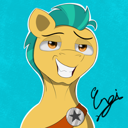 Size: 4200x4200 | Tagged: safe, artist:engi, imported from derpibooru, hitch trailblazer, earth pony, pony, absurd resolution, badge, chad, colored pupils, confident, digital art, eyebrows, g5, grin, lidded eyes, looking at you, male, my little pony: tell your tale, sheriff, signature, simple background, smiling, smiling at you, smug, solo, stallion