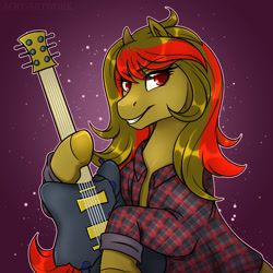 Size: 1600x1600 | Tagged: safe, artist:acry-artwork, imported from derpibooru, oc, oc only, oc:aphonia, earth pony, pony, earth pony oc, electric guitar, flannel, flannel shirt, guitar, musical instrument, solo
