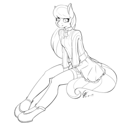 Size: 800x800 | Tagged: safe, artist:laptop-pone, imported from derpibooru, octavia melody, anthro, earth pony, unguligrade anthro, clothes, female, hoof shoes, lineart, monochrome, skirt, solo, stockings, thigh highs