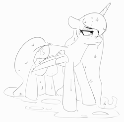 Size: 1200x1174 | Tagged: safe, artist:pabbley, imported from derpibooru, princess luna, alicorn, pony, black and white, female, frown, grayscale, lineart, luna is not amused, mare, monochrome, puddle, simple background, sketch, solo, unamused, wet, wet mane, white background