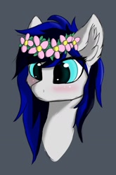 Size: 1042x1580 | Tagged: safe, artist:blackice, imported from derpibooru, oc, oc:black ice, pony, blushing, ear fluff, female, floral head wreath, flower, gray background, mare, simple background, solo
