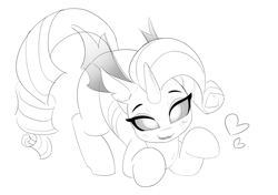 Size: 1200x847 | Tagged: safe, artist:pabbley, imported from derpibooru, rarity, changeling, pony, black and white, changelingified, cute, cute little fangs, fangs, female, floating heart, grayscale, heart, lineart, looking at you, monochrome, rariling, simple background, sketch, solo, species swap, white background
