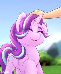 Size: 2000x2400 | Tagged: safe, artist:rivin177, imported from derpibooru, starlight glimmer, human, pony, unicorn, cute, daaaaaaaaaaaw, duo, eye clipping through hair, eyebrows, eyebrows visible through hair, eyes closed, female, female focus, glimmerbetes, hand, head pat, high res, offscreen character, one ear down, open mouth, open smile, pat, raised hoof, signature, smiling, solo focus