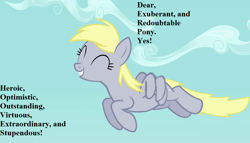Size: 1008x576 | Tagged: safe, edit, edited screencap, editor:korora, imported from derpibooru, screencap, derpy hooves, pegasus, pony, twilight's kingdom, cropped, cute, derpabetes, female, flipped image, flying, mare, text