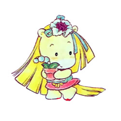 Size: 350x350 | Tagged: safe, imported from derpibooru, earth pony, pony, bipedal, blonde, clothes, dress, flower, flower pot, g1, hair accessory, hair ribbon, official, ribbon, sara sara, simple background, solo, straight hair, takara pony, white background