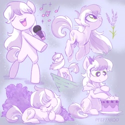 Size: 2048x2048 | Tagged: safe, artist:pfeffaroo, imported from derpibooru, oc, oc only, oc:lavender spring, earth pony, pony, bipedal, bush, cake, cliff, earth pony oc, flower, food, frosting, hopping, lavender, microphone, music notes, plant, singing, sleeping, standing