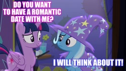 Size: 1280x720 | Tagged: safe, edit, edited screencap, imported from derpibooru, screencap, trixie, twilight sparkle, alicorn, pony, unicorn, no second prances, female, lesbian, shipping, twilight sparkle (alicorn), twixie