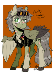 Size: 1240x1754 | Tagged: safe, artist:scarfyace, imported from derpibooru, oc, oc:murky, pegasus, pony, fallout equestria, fallout equestria: murky number seven, clothes, fanfic art, industrial workers of the world, iww, jacket, male, scar, stallion