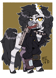 Size: 1316x1852 | Tagged: safe, artist:scarfyace, imported from derpibooru, zebra, fallout equestria, choker, clothes, ear piercing, earring, gun, jacket, jewelry, leather jacket, piercing, pipbuck, spiked choker, weapon