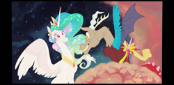 Size: 2220x1080 | Tagged: safe, artist:violetruen, imported from derpibooru, discord, princess celestia, alicorn, draconequus, pony, all dogs go to heaven, crown, dislestia, don bluth, don bluth style, duo, element of magic, female, hand behind back, heaven, interspecies, jewelry, looking at each other, looking at someone, male, mare, regalia, shipping, straight, style emulation