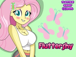 Size: 2560x1920 | Tagged: safe, artist:tonylixious, imported from derpibooru, fluttershy, human, equestria girls, big breasts, blush sticker, blushing, breasts, bust, busty fluttershy, cleavage, colored pupils, female, green background, looking at you, portrait, revised, simple background, solo