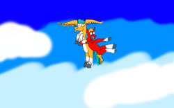 Size: 1280x800 | Tagged: safe, artist:horsesplease, imported from derpibooru, hitch trailblazer, sprout cloverleaf, earth pony, pony, big ears, cloud, flying, g5, insanity, male, sad, sad hitch, scared, screaming, sky, stallion, wing ears, wings