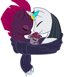 Size: 2721x3070 | Tagged: safe, artist:decokenite, artist:lexeebrotato, imported from derpibooru, chancellor neighsay, fizzlepop berrytwist, tempest shadow, oc, oc:nightingale, pony, unicorn, clothes, crossed horns, eyeshadow, female, filly, foal, horn, horns are touching, makeup, male, mare, offspring, parent:chancellor neighsay, parent:tempest shadow, photo, scarf, shipping, sleeping, smiling, stallion, straight, tempest gets her horn back, tempest neighsay